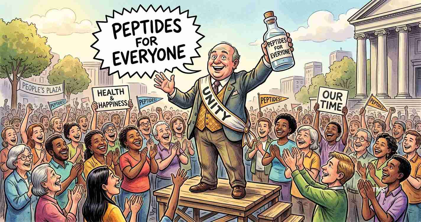 Cartoon of a smiling man on a platform labeled UNITY, holding a bottle reading 'Peptides for Everyone' as a cheering crowd waves signs like 'Health & Happiness' and 'Our Time'.