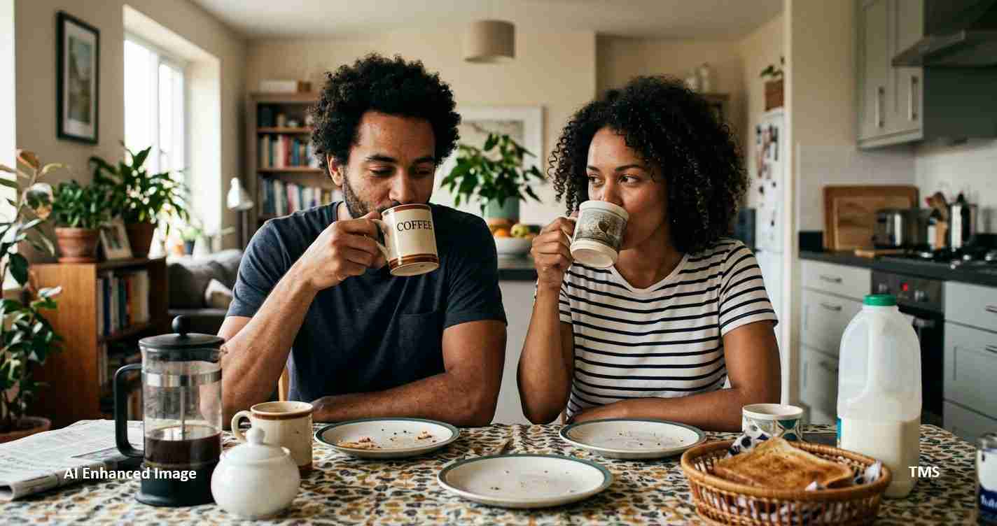 A couple sits at a bright kitchen table, drinking coffee from mugs as they chat.