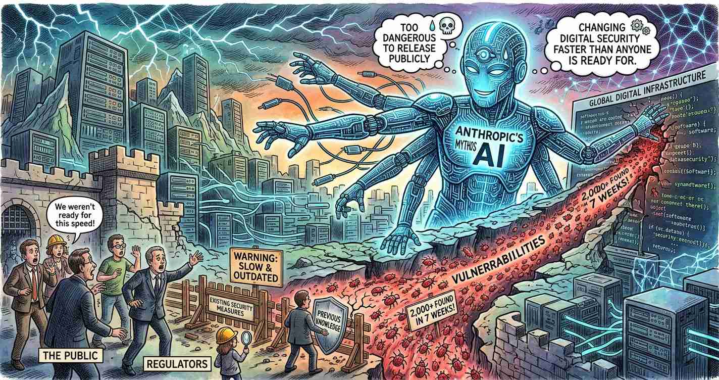 Cartoon scene of a blue multi-armed robot labeled 'Anthropic's AI' looming over a city, with a river labeled 'Vulnerabilities' and signs about speed and readiness. Regulators and the public react in the foreground, shouting that they weren't ready, while others hold shields and warnings about safety.