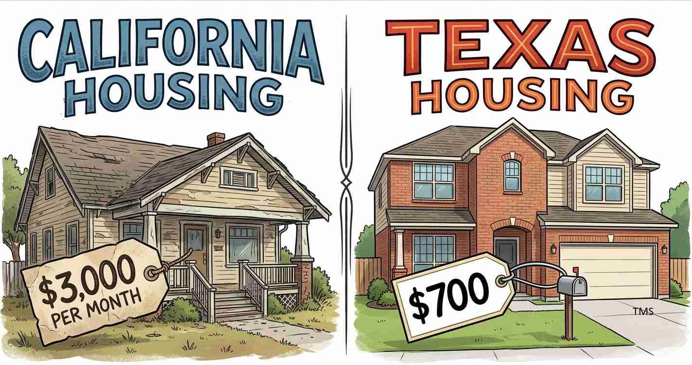 Side-by-side housing comparison: California home with a $3,000/month tag on the left and a Texas home with $700 on the right.