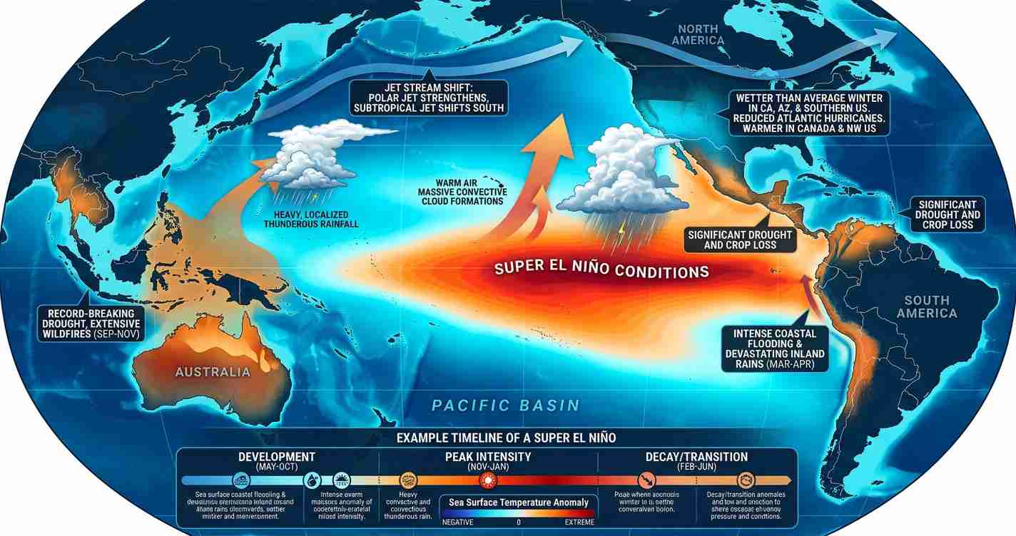Map of the Pacific Ocean illustrating Super El Niño conditions: a warm orange/red plume, cloud formations, and labels for rainfall, droughts, and flooding across the region.