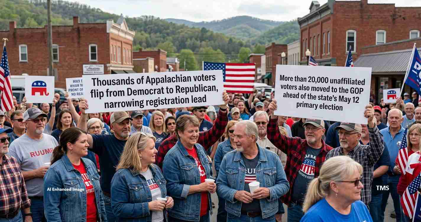 Crowd of voters at a small-town rally holding two large signs about party switches and unaffiliated voters joining the GOP, with American flags in the background.