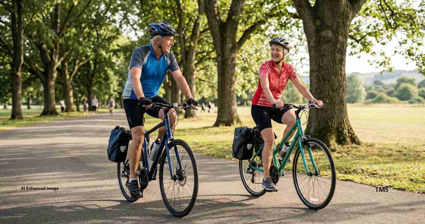 Two seniors ride touring bikes along a tree-lined park path, helmets on, pannier bags attached.