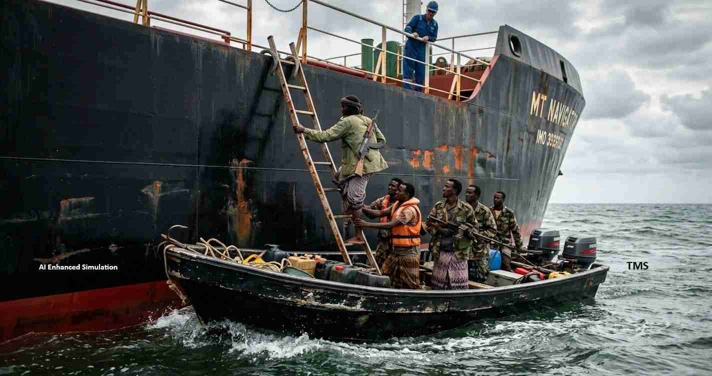 A small rescue boat approaches a large dark cargo ship as men in life jackets climb a rope ladder to the deck under overcast skies.