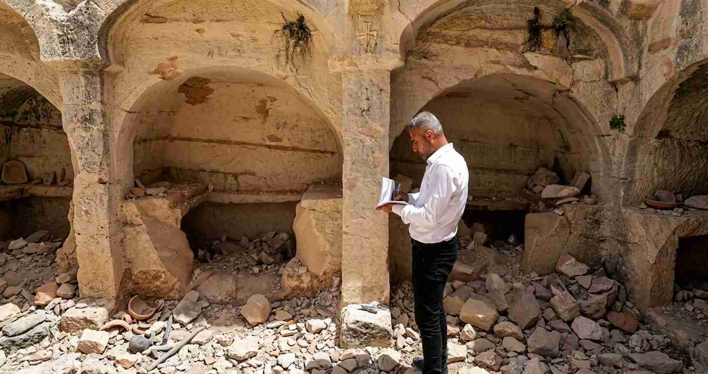 Man in a white shirt and dark pants writes in a notebook amid ancient stone arches and rubble in a ruined structure.