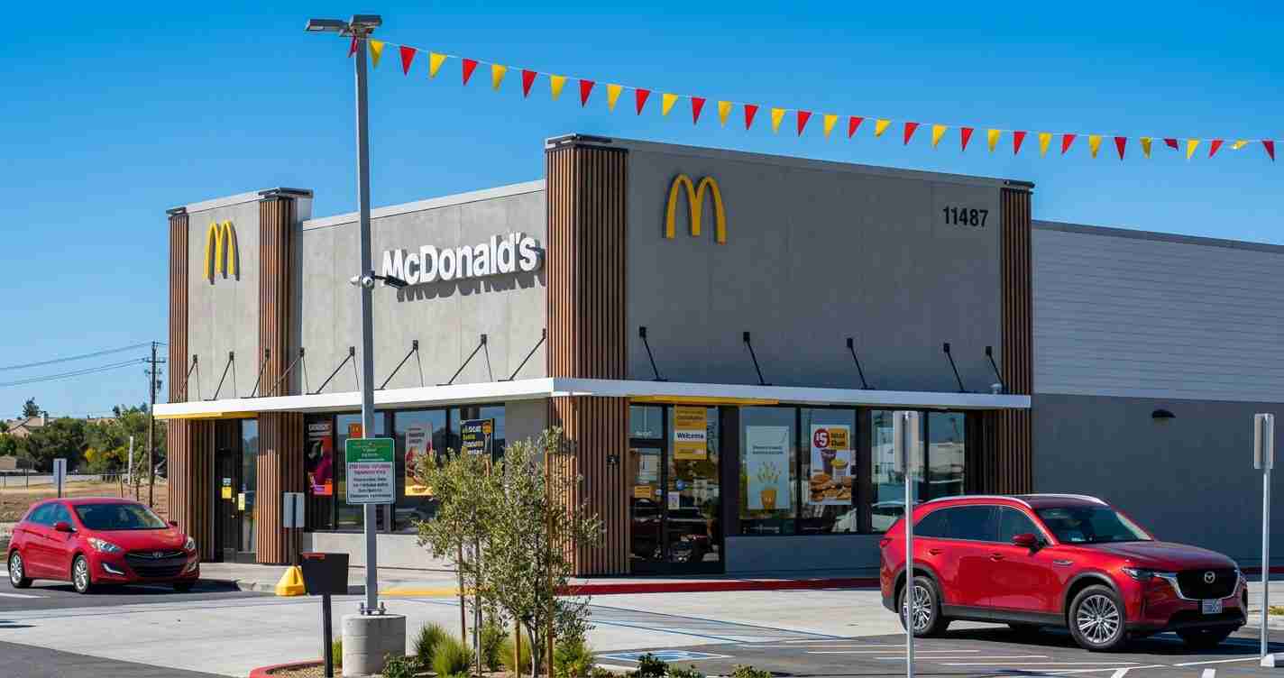 McDonald's exterior with golden arches, colorful pennant banners, and two red cars in the parking lot on a sunny day.