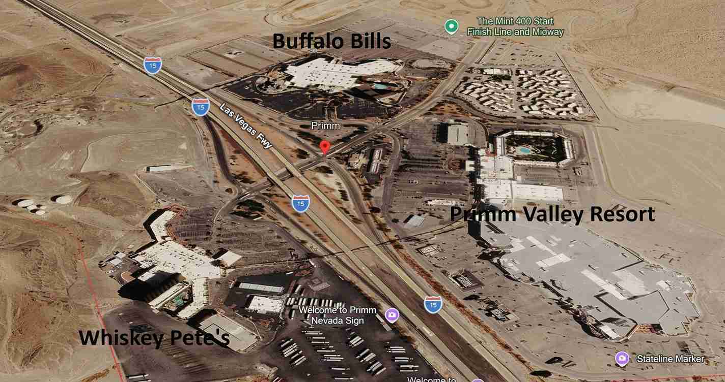 Aerial map view of Primm, Nevada showing I-15 with Buffalo Bills area, Primm Valley Resort, and Whiskey Pete's nearby.