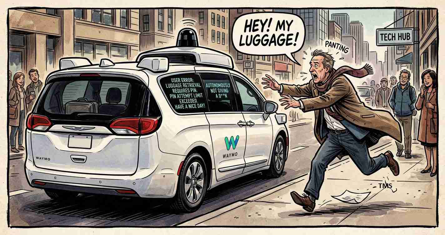 Comic panel: a white Waymo self-driving taxi on a city street as a man runs after it, shouting 'Hey! My luggage!' while the car’s window shows error messages on the screen.