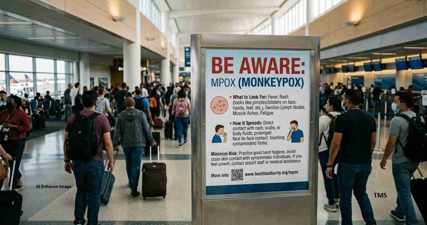 Crowded airport terminal with a large health warning sign about mpox (monkeypox) in the center.