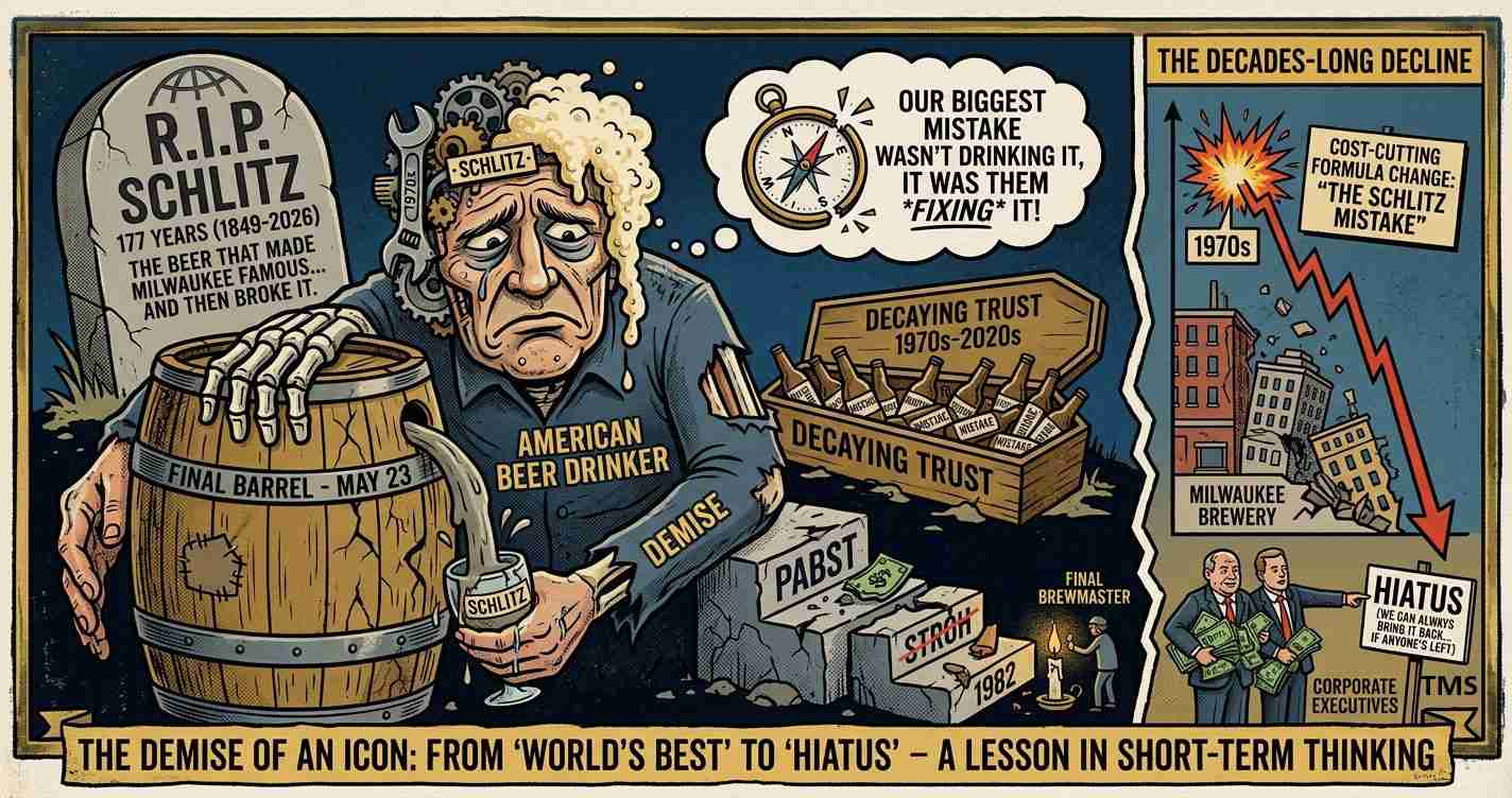 Cartoon showing a weary man labeled 'American Beer Drinker' leaning on a leaking Schlitz barrel as the brand declines and gears show decay.