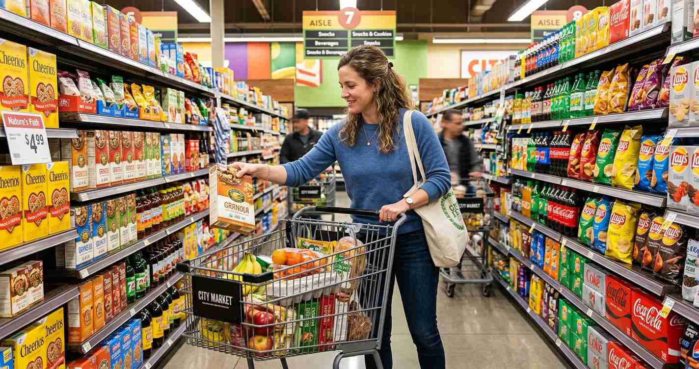 Woman pushing a grocery cart down an aisle, reaching for a box of granola on the shelf surrounded by snacks and drinks in a bright supermarket.