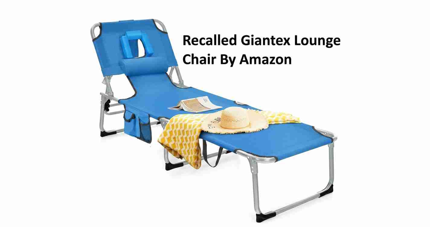 Blue lounge chair with a yellow patterned blanket and straw hat; overlaid text says 'Recall Giantex Lounge Chair By Amazon' indicating a recall notice (informational)