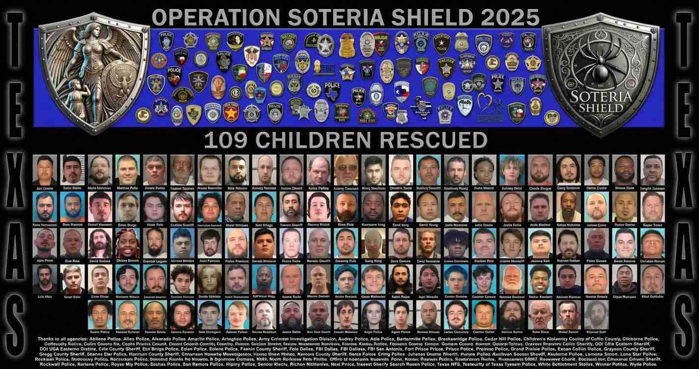 Banner for Operation Soteria Shield 2025 showing police patches and a grid of 109 mugshots of rescued children.