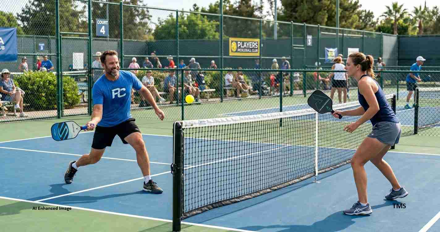 Two players compete on a sunny outdoor pickleball court, man in blue shirt hits a yellow ball toward a female opponent at the net, with spectators behind the fence.