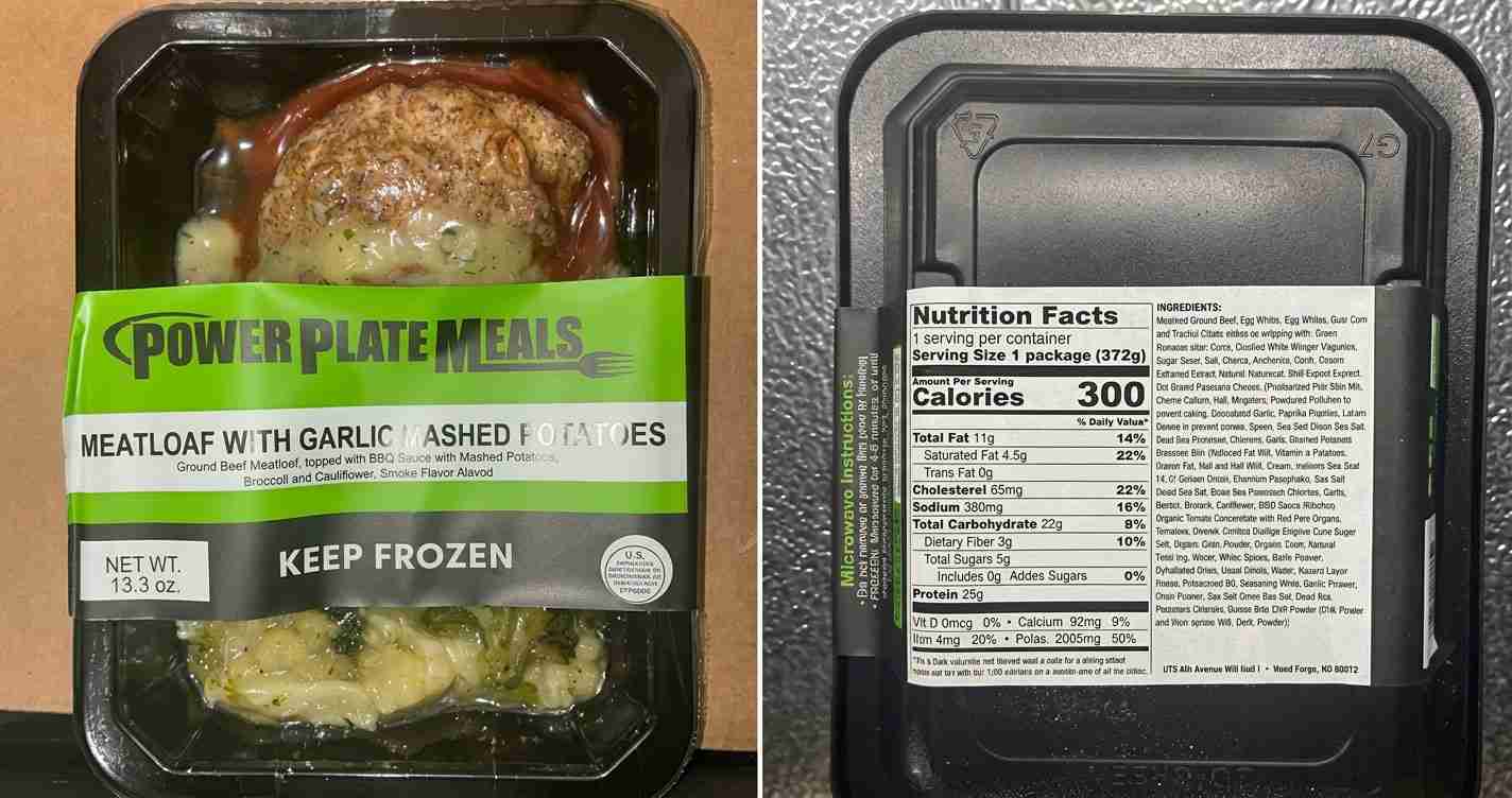 Frozen Power Plate Meals entree: Meatloaf with garlic mashed potatoes; net weight 13.3 oz; keep frozen.