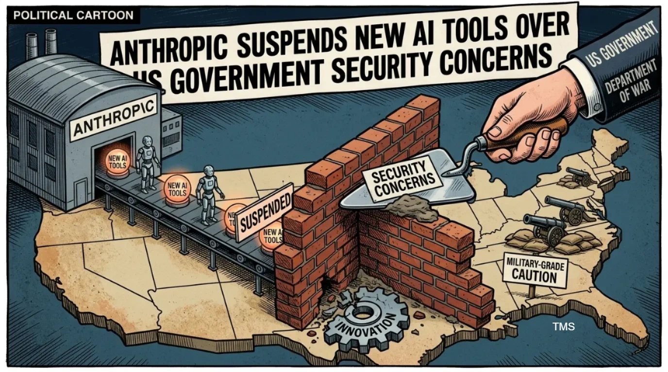 Political cartoon showing the US government blocking AI progress by building a wall labeled 'Security Concerns' as 'New AI Tools' roll toward it, with 'Innovation' gear nearby and a map-marked region labeled 'Military-Grade Caution'.