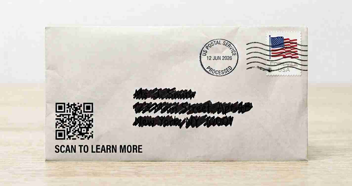 Envelope with a QR code and bold 'Scan to learn more' text on a wooden surface; a US stamp and postmark are on the top right.