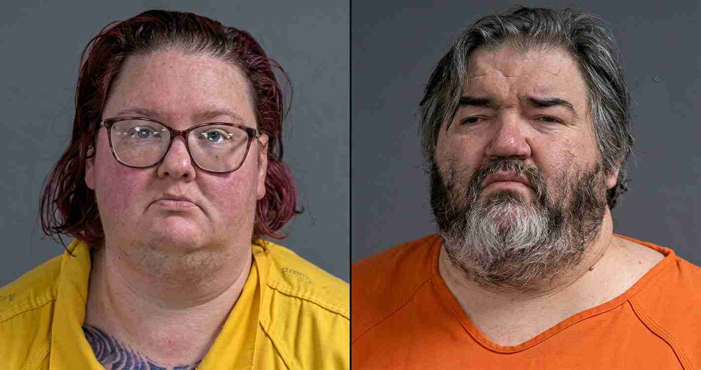 Side-by-side mugshots of a woman (left) in a yellow jumpsuit with glasses and red hair, and a bearded man (right) in an orange jumpsuit; both have neutral expressions.