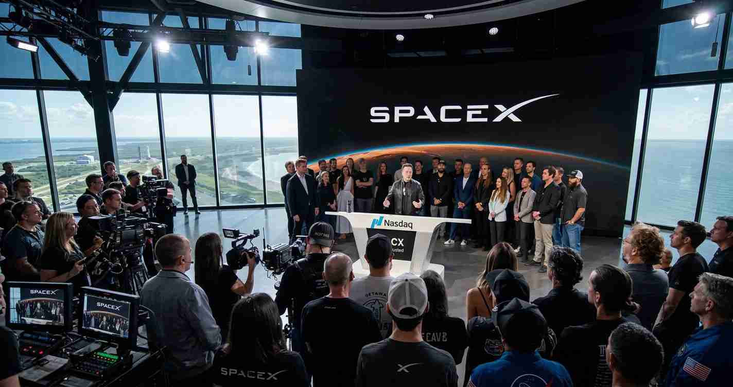 Speaker at a SpaceX press conference at Nasdaq, addressing reporters in a glass-walled studio with an ocean view behind.