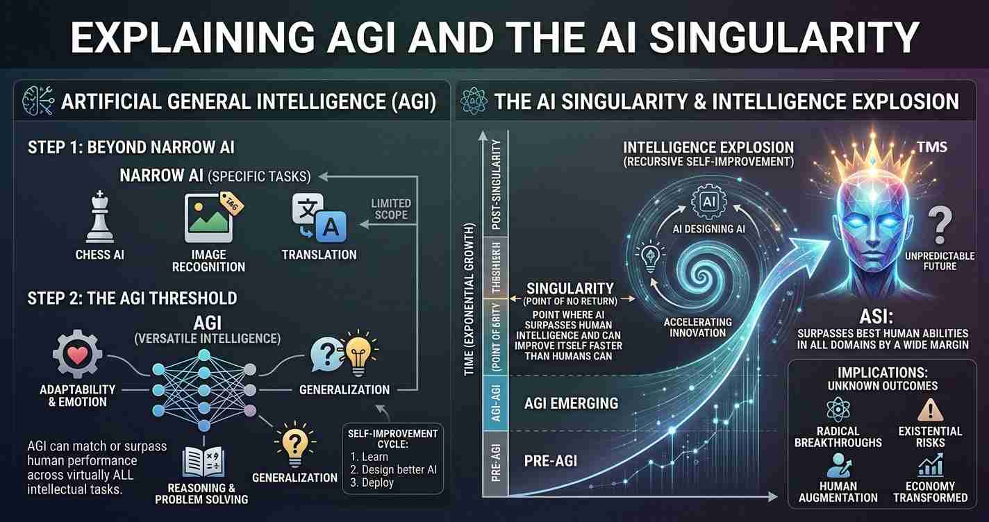 Infographic describing artificial general intelligence (AGI) with steps beyond narrow AI and a timeline to AI singularity and future impacts.