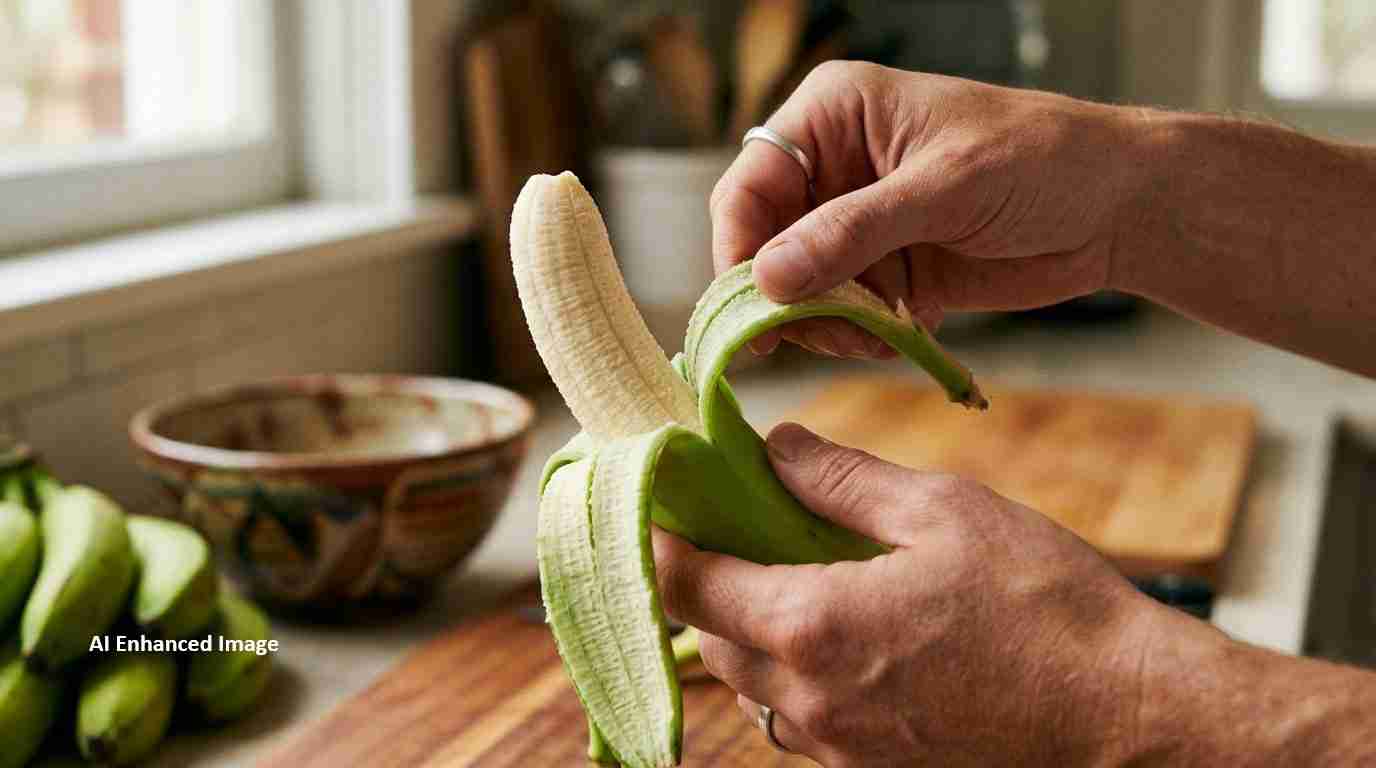 Person peeling a banana in a kitchen, preparing fruit on a wooden counter.