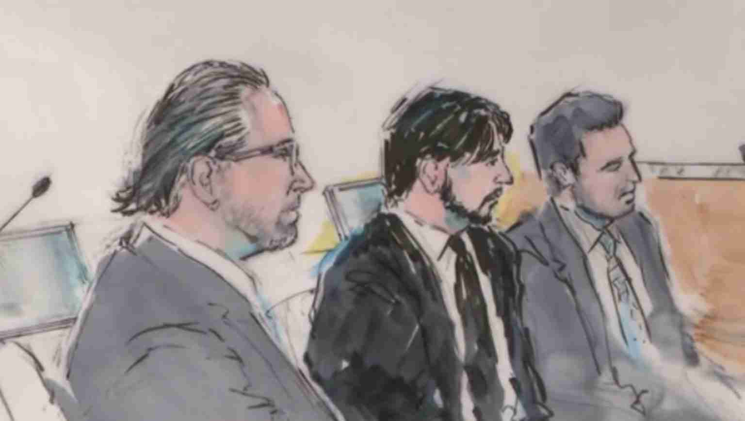 Three men in suits seated at a panel, courtroom sketch style in muted tones.