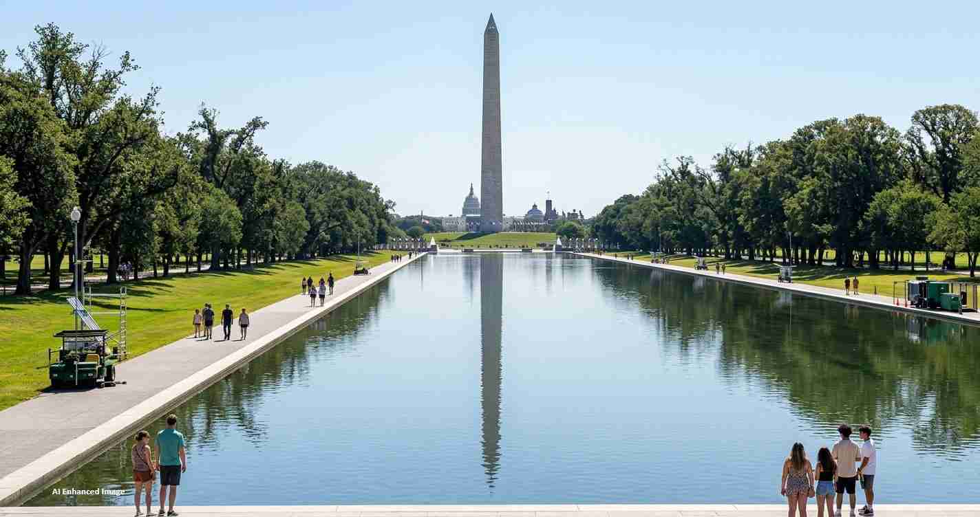 Wide view of the Reflecting Pool with the Washington Monument in the distance and visitors strolling along the path on a sunny day.
