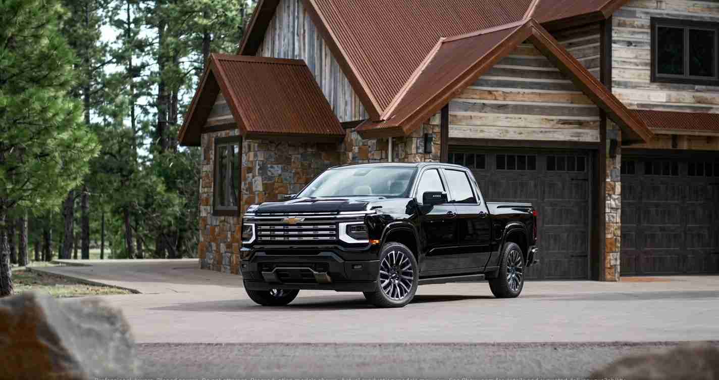 Black Chevrolet pickup parked in a driveway in front of a rustic stone-and-wood house with a brown metal roof.