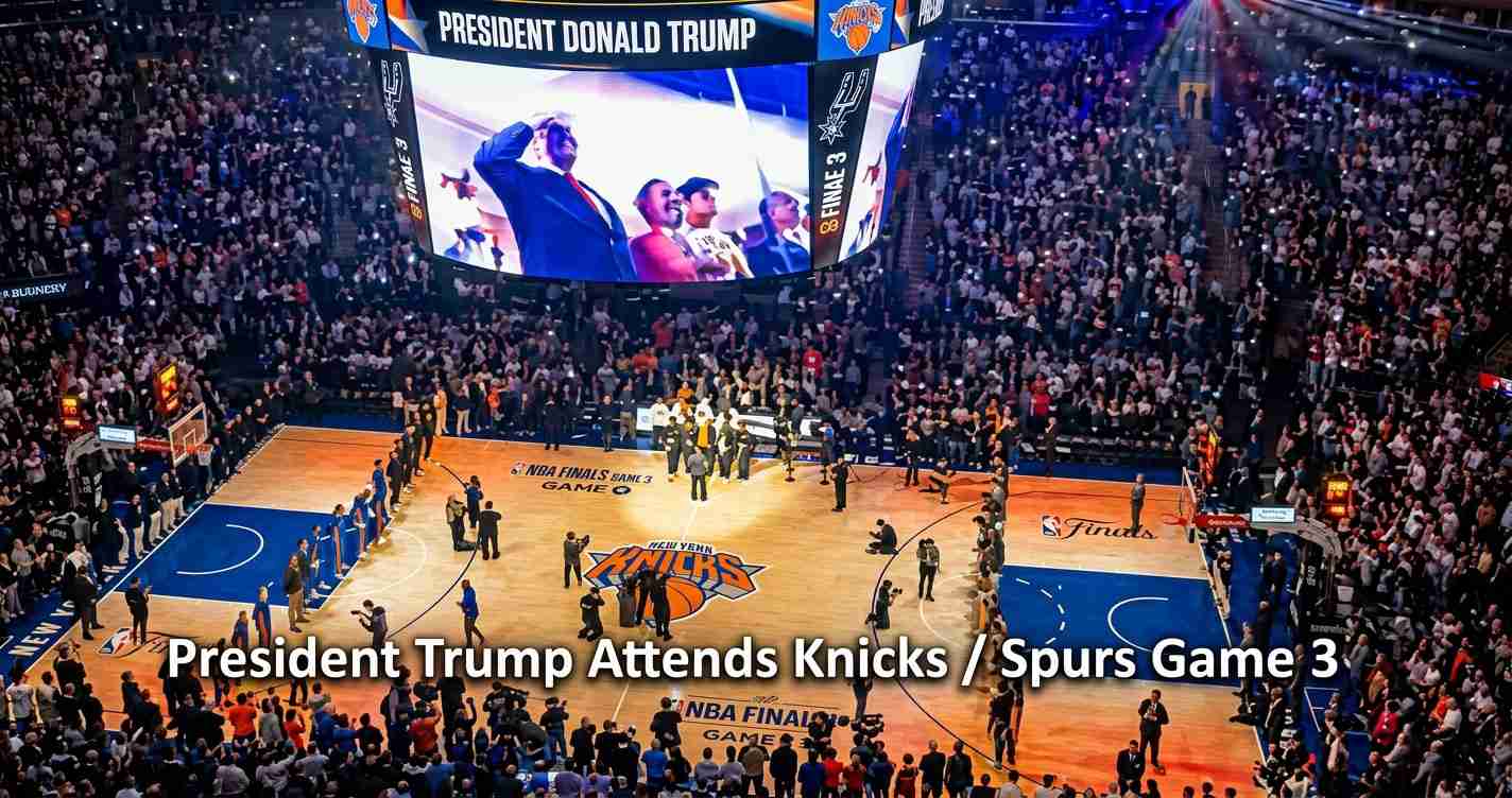 Crowded basketball arena during a Knicks–Spurs game with a large video board showing people and a man saluting; overlay caption reads 'President Trump Attends Knicks / Spurs Game 3'.