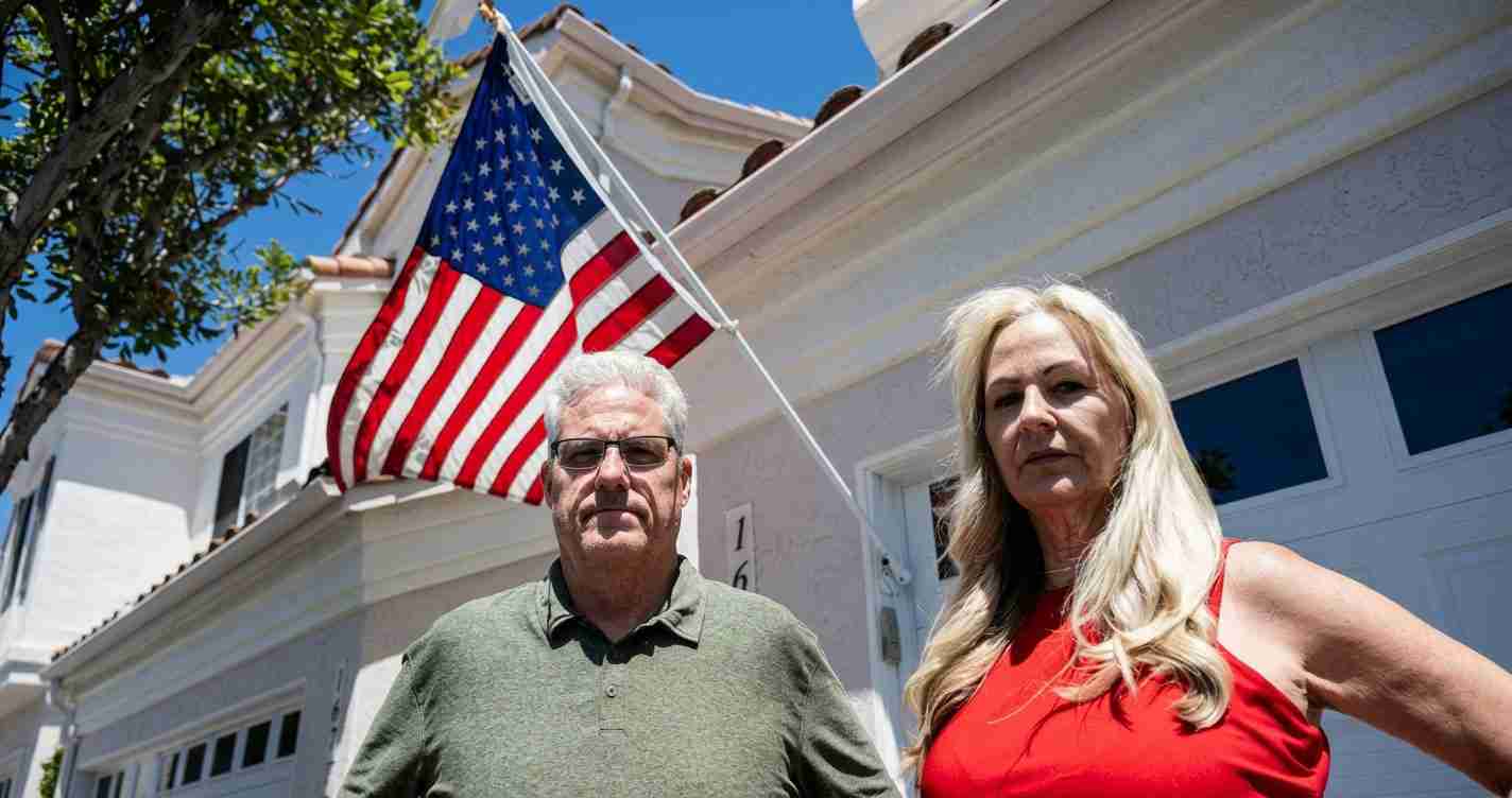 An older couple stands outside a white suburban house with an American flag on a pole beside them.