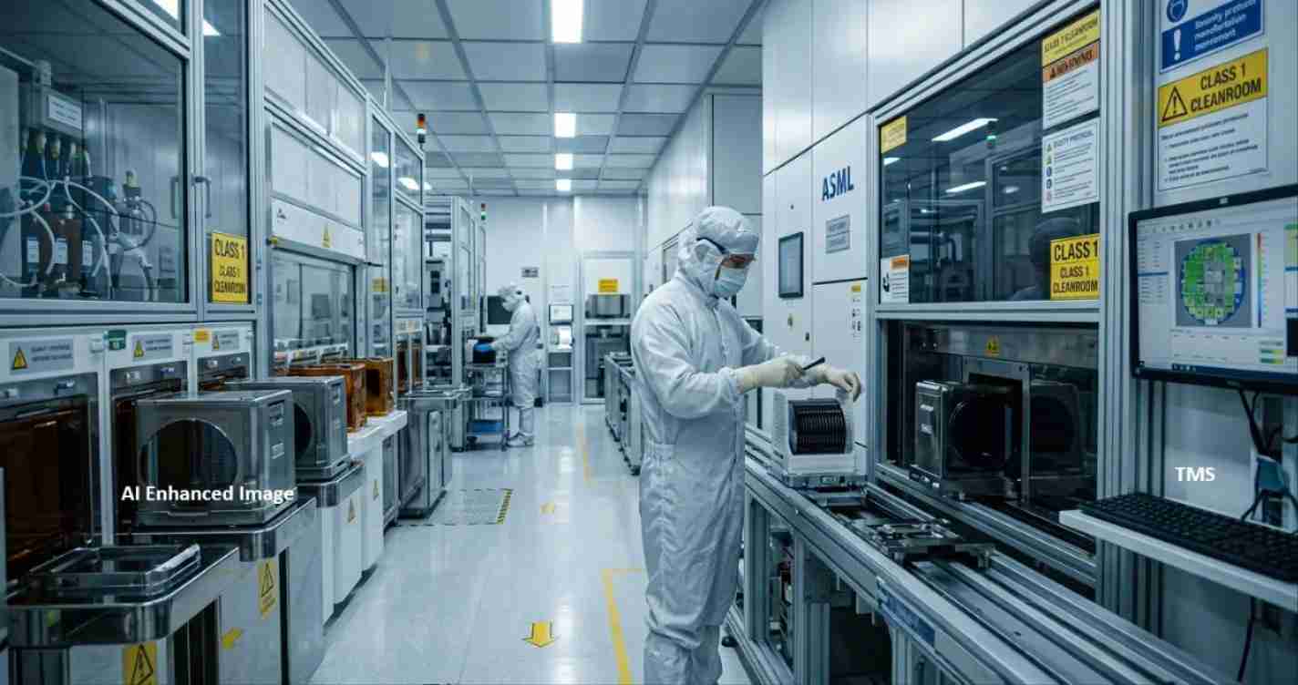 Laboratory technicians in white cleanroom suits operate automated equipment along a sterile manufacturing line in a high-tech facility.