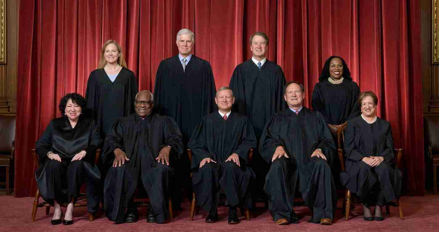 Nine judges in black robes pose for a group photo in front of a red curtain backdrop, arranged in two rows.