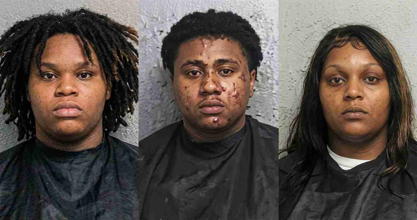 Three mugshots of Black individuals wearing dark clothing against gray walls; center person has facial injuries and scars.
