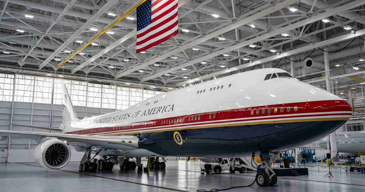 Air Force One parked in a hangar, white fuselage with red and blue stripes, engines and landing gear visible beneath the aircraft.