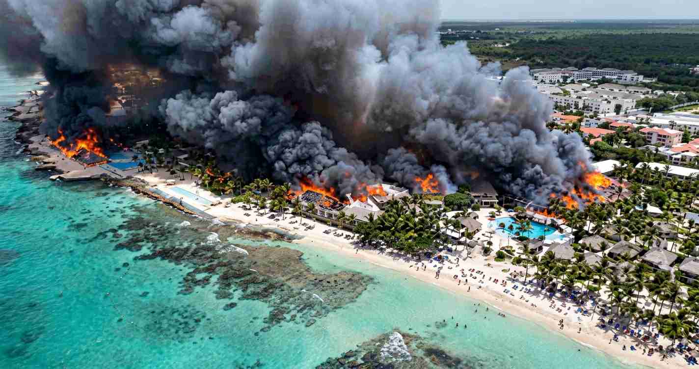 Coastal resort on turquoise water with a large fire and thick black smoke engulfing buildings along the beach.