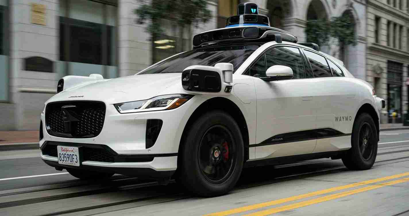 White Waymo Jaguar autonomous car with roof sensors driving on a city street, ready for self-driving operation.