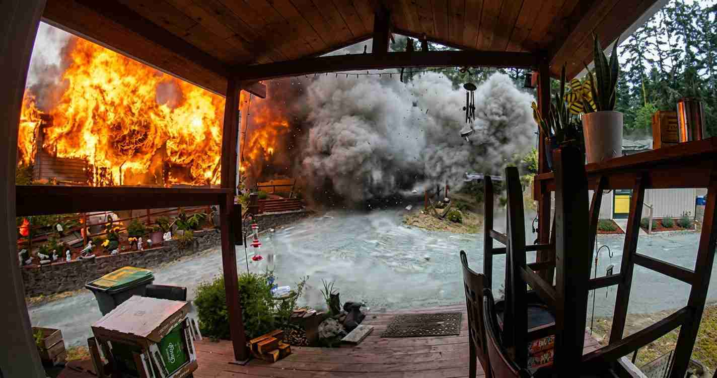 House porch with a massive fire on the left and a thick cloud of smoke rising across the yard, flames engulfing the exterior.