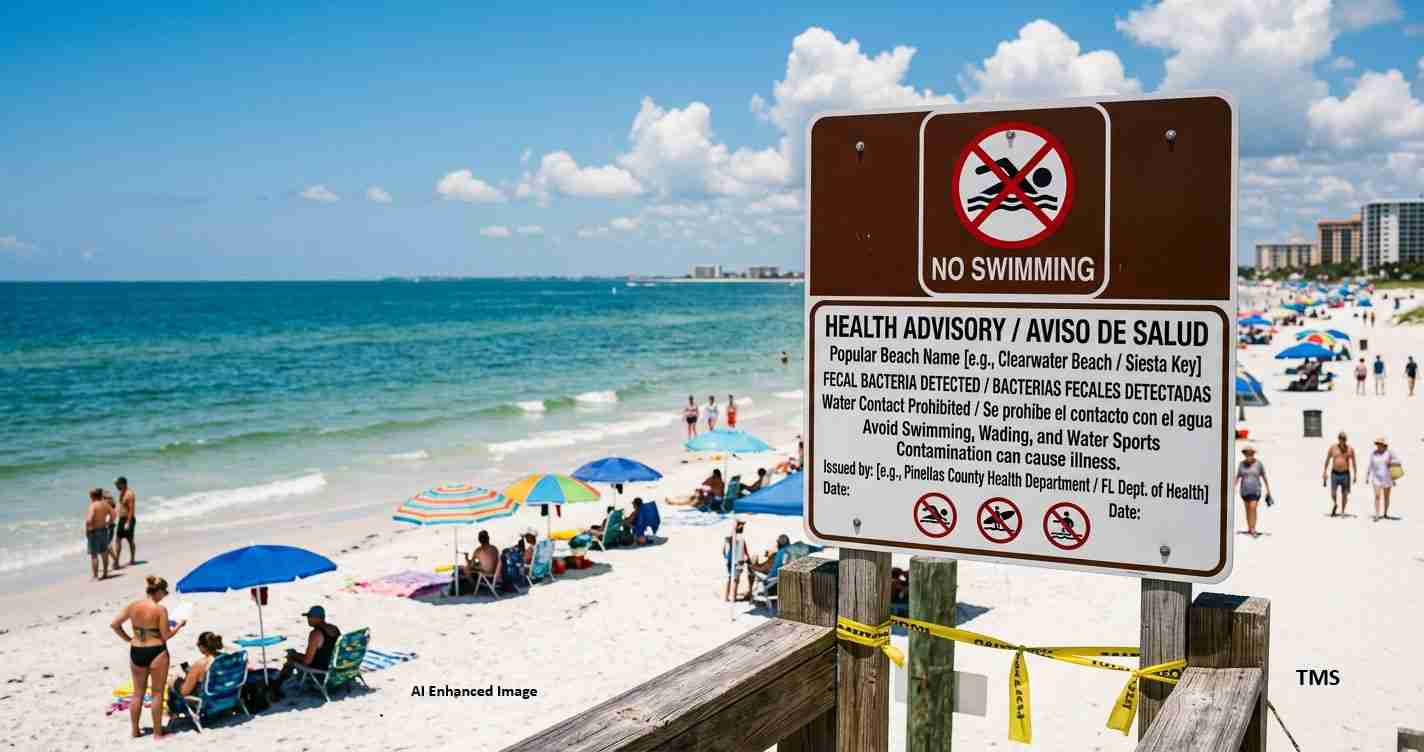Brown 'No Swimming' sign on a wooden post at a busy sunny beach; warning includes health advisory text and icons, with people sunbathing nearby.