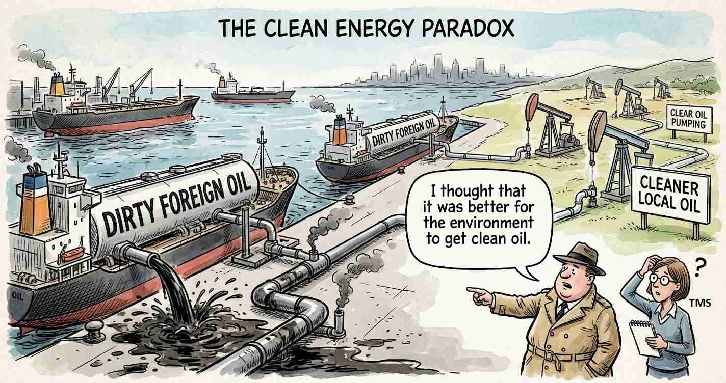 Cartoon shows oil industry: a ship labeled 'DIRTY FOREIGN OIL' spills black sludge into the dock, with pipelines and oil rigs nearby; a man points while a woman notes with a puzzled look as a speech bubble questions cleaner local oil and better environment.