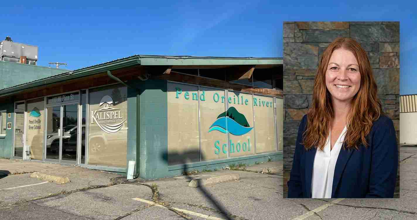 Exterior view of Pend Oreille River School building with a portrait of a smiling woman inset on the right side.