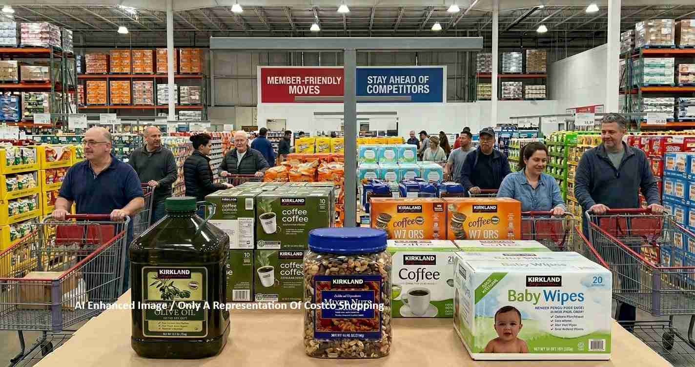Shoppers with carts browse a crowded warehouse store with bulk coffee, snacks, and baby wipes on display shelves in the background.