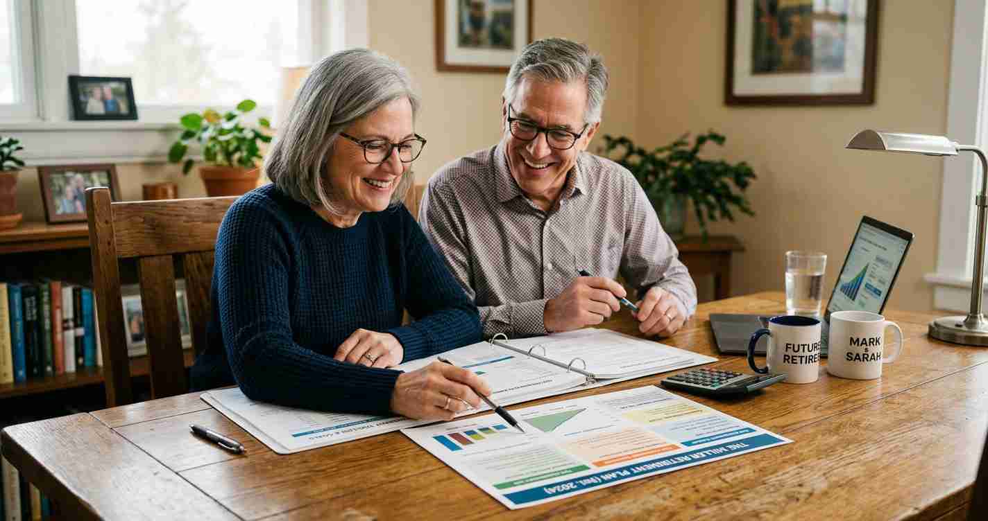 Two smiling seniors sit at a wooden table reviewing retirement documents, with a laptop and calculator nearby.