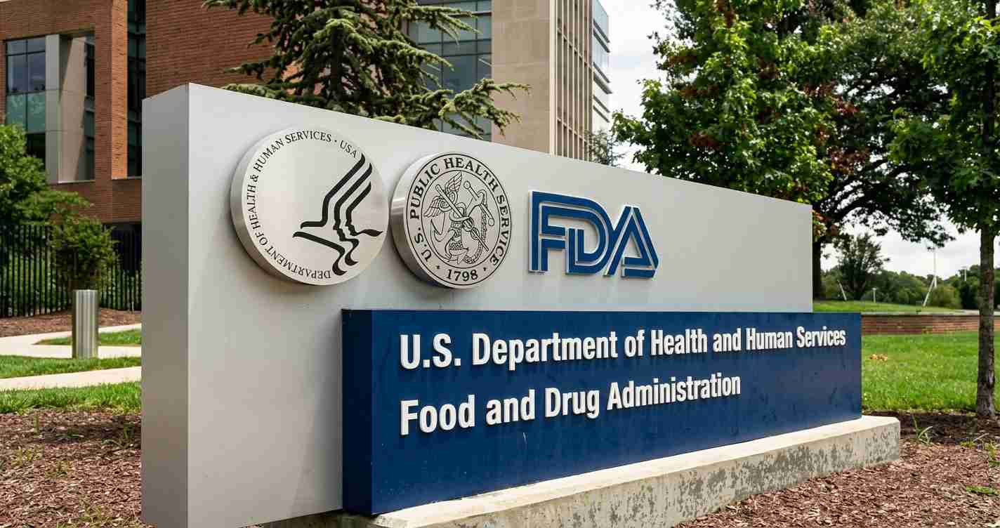 Exterior sign for the U.S. Department of Health and Human Services and FDA, showing agency logos on a gray monument and blue plaque outside a building.