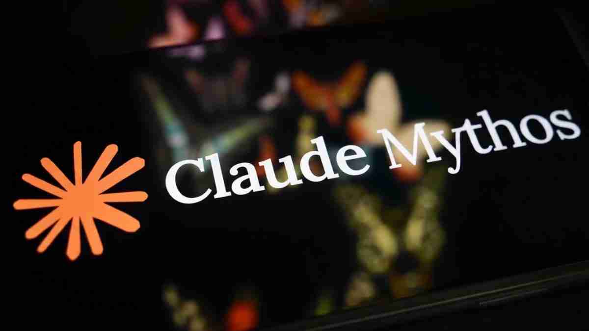 Brand logo: orange starburst icon followed by the angled white text ‘Claude Mythos’ on a dark background.