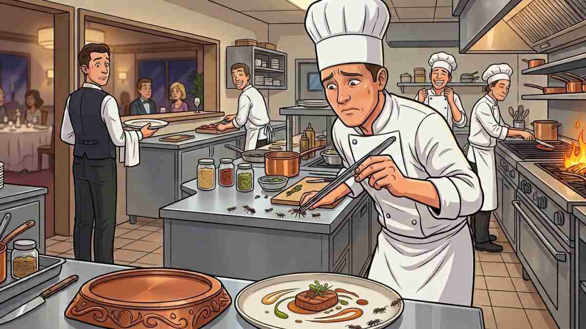 A stressed chef in a white uniform chops at a prep station while a plated dish awaits at the foreground, busy kitchen in the background.