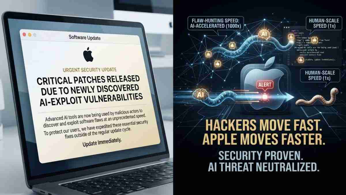 Split image: left laptop shows an urgent security update about AI-exploit vulnerabilities; right poster states 'Hackers move fast. AI threat neutralized.'