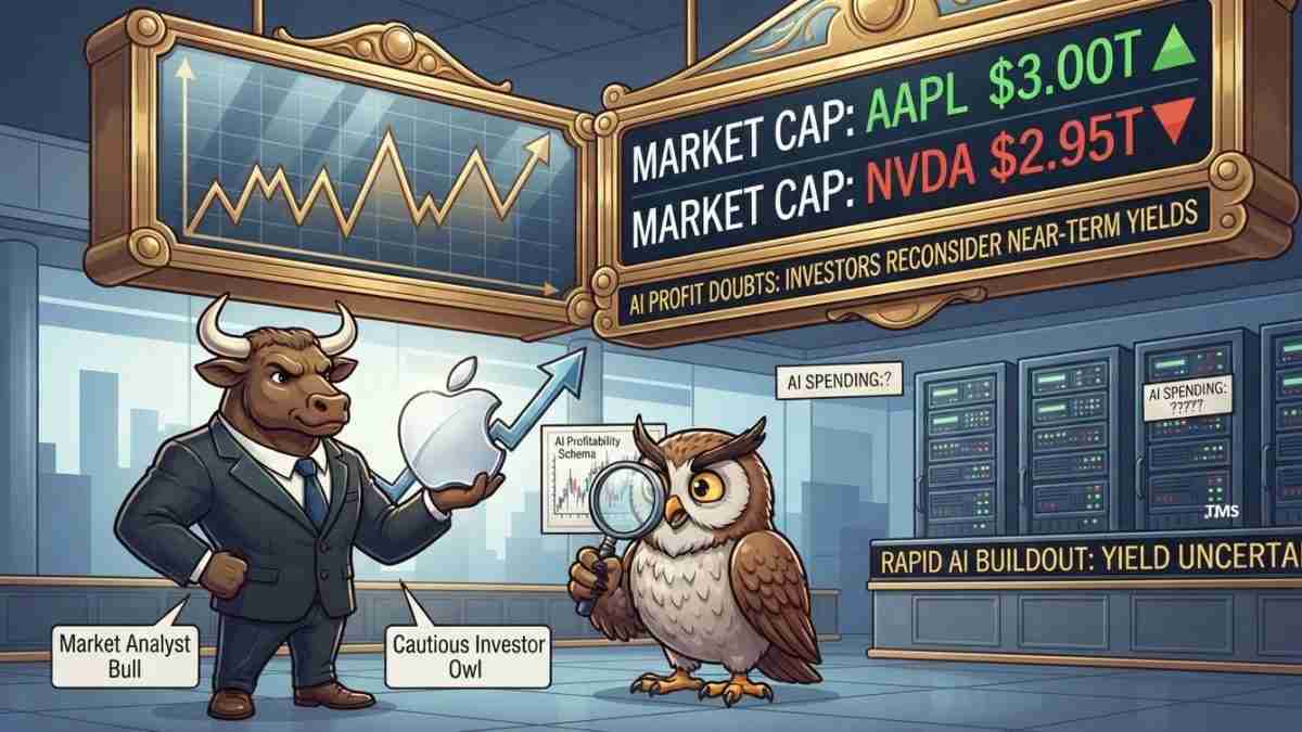 Cartoon bull in a suit and a cautious owl examine market data on a futuristic trading floor; signs show market caps for AAPL ($3.00T) and NVDA ($2.95T).