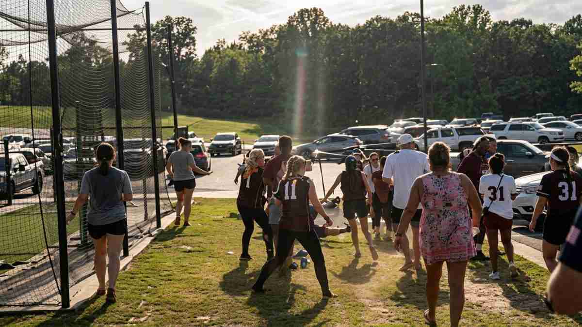 Group of people celebrating and playing on a sunny grassy field beside a tall chain-link fence, with cars in the parking lot behind them.