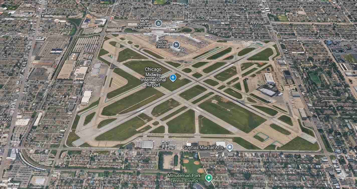 Aerial view of Chicago Midway International Airport with intersecting runways and terminals surrounded by a grid of streets.