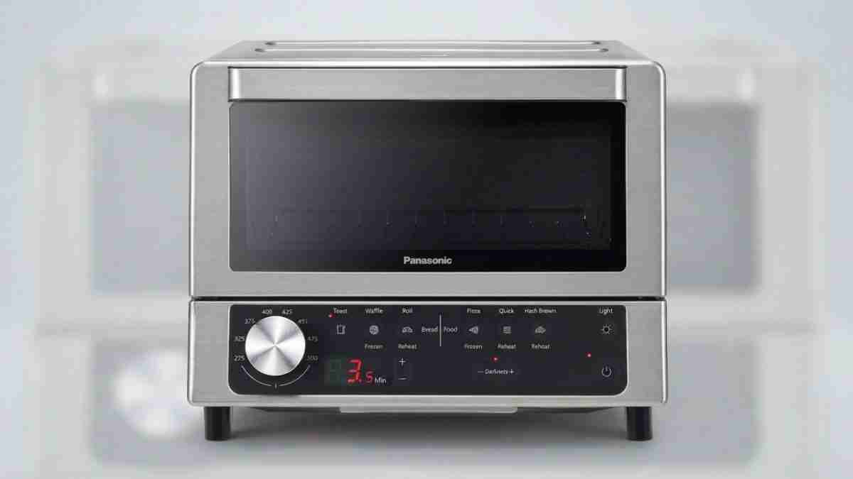 Panasonic stainless steel countertop microwave/oven with a black door and digital control panel on the lower front.